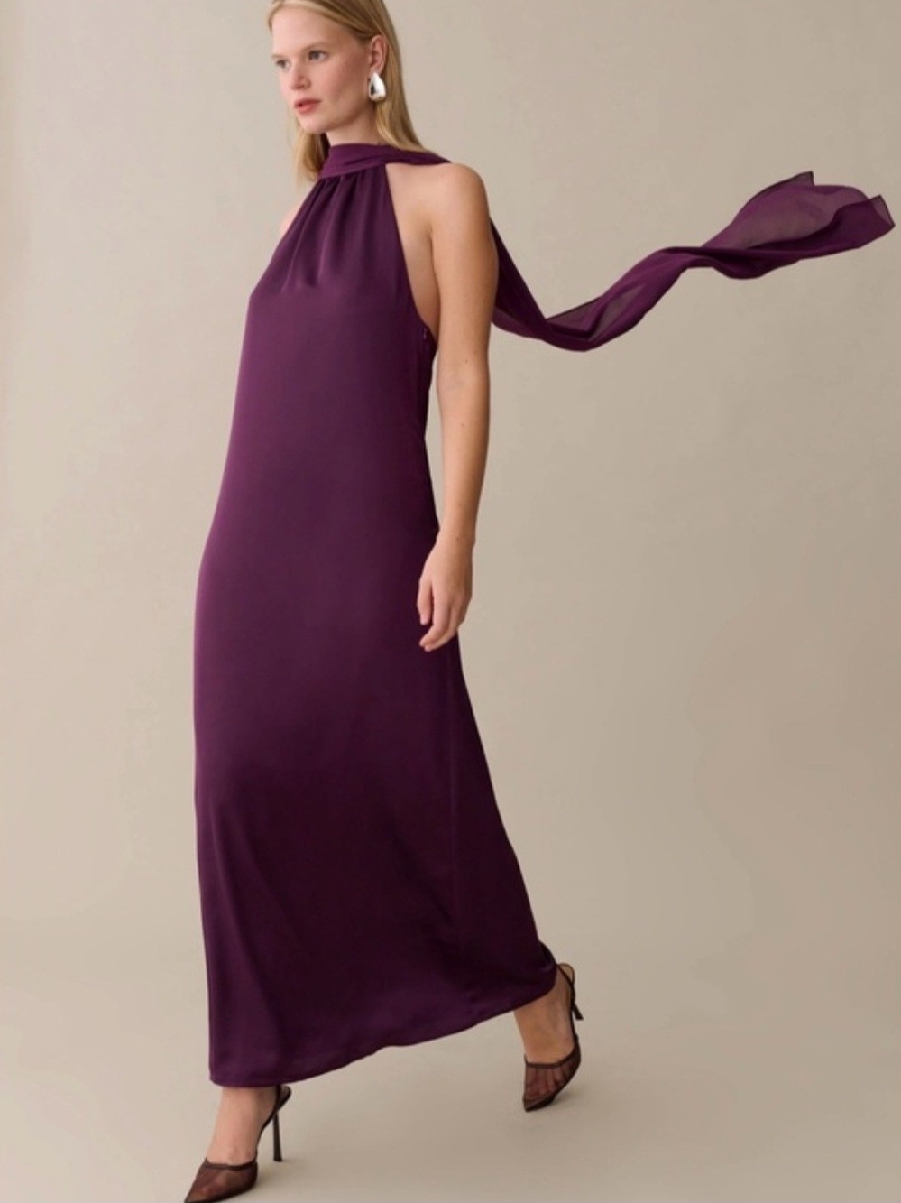 Few Moda o.p.t. Backless Halter Maxi Dress in Deep Plum with Neck Scarf